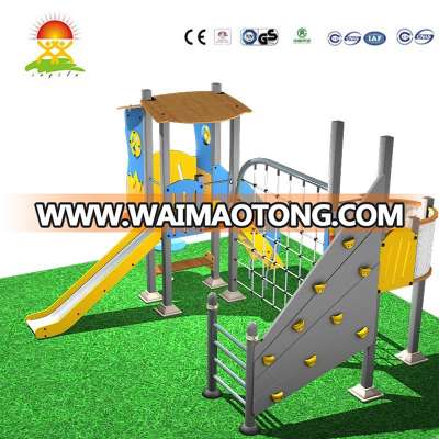 children park outdoor playground plastic wood slide with green trees